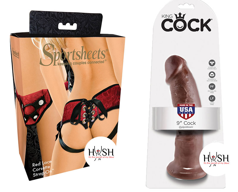 Red Lace Corsette Strap-On Adjustable and King Cock Realistic Cock Brown 9 Inch