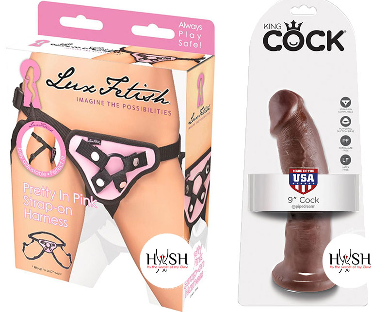 Lux Fetish Pretty In Pink Strap-On Harness Adjustable and King Cock Realistic Cock Brown 9 Inch
