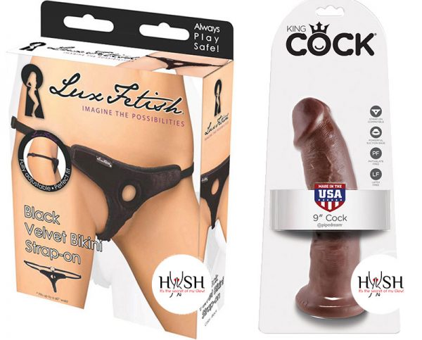 Lux Fetish Velvet Bikini Strap-On Adjustable Black and King Cock Realistic Cock Brown 9 Inch