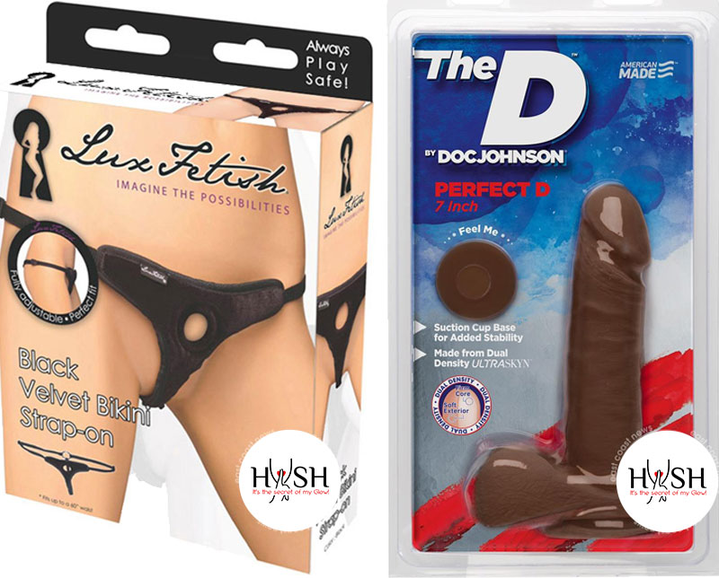 Lux Fetish Velvet Bikini Strap-On Adjustable Black and The Perfect D 7″ Chocolate